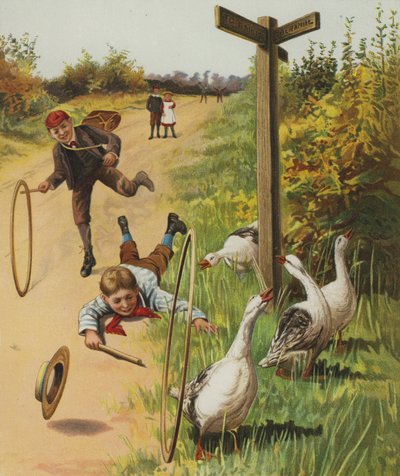 Garçons courant avec leurs cerceaux vers la ligne d